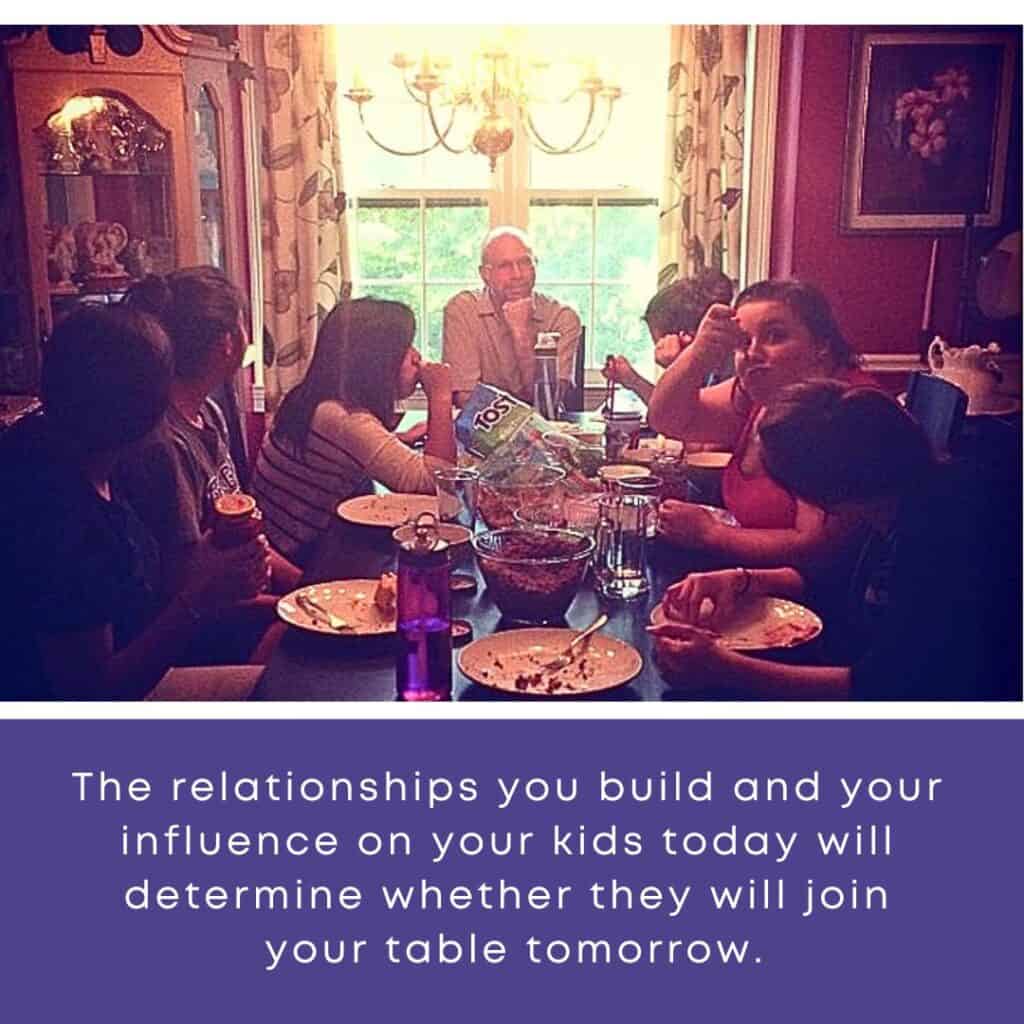 Photo of Pam Parish's family sitting around the dinner table together.